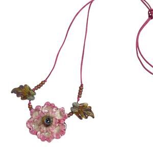 Handmade Lampwork Sculpted Pink Flower & Leaf Artisan Glass Bead Necklace